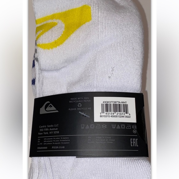 Quicksilver Quarter Socks 5 Pair Men 6-12 White w Multicolor Toe Heel Logo Surf - Picture 4 of 11